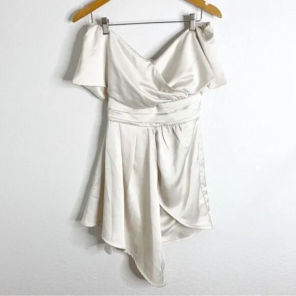 Lulus Always Celebrating Ivory Satin Off The‎ Shoulder Mini Dress Size Small - Picture 2 of 5